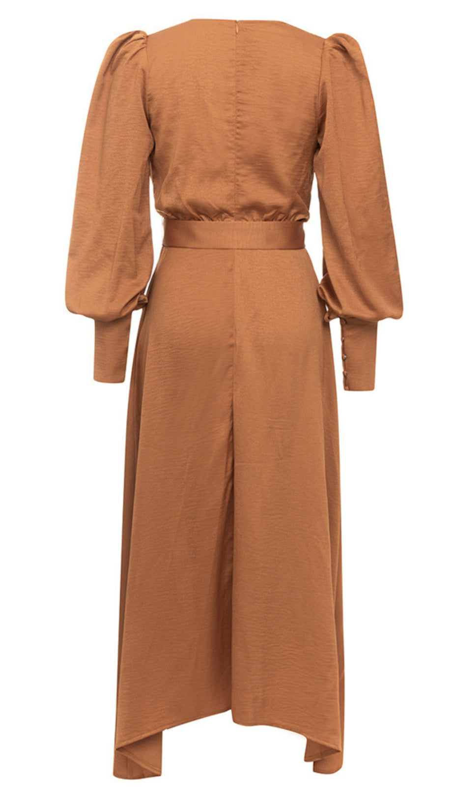 Wickel-Midikleid mit V-Ausschnitt, Gürtel und Puffärmeln in Braun 