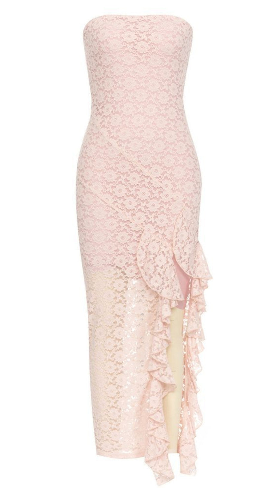 STRAPLESS LACE RUFFLED MIDI DRESS IN LIGHT PINK