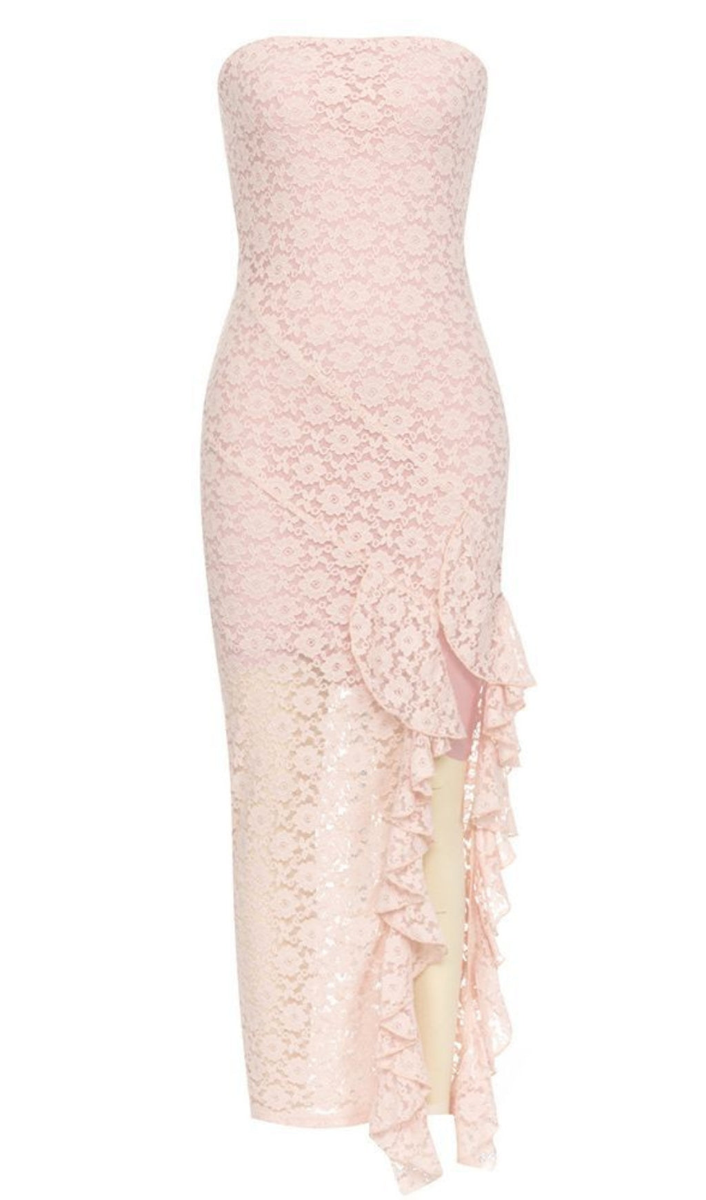 STRAPLESS LACE RUFFLED MIDI DRESS IN LIGHT PINK