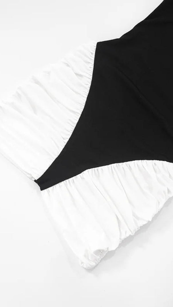 AIIZIE BLACK-WHITE PANEL SLEEVELESS GATHERED HALTER MINI DRESS - product image