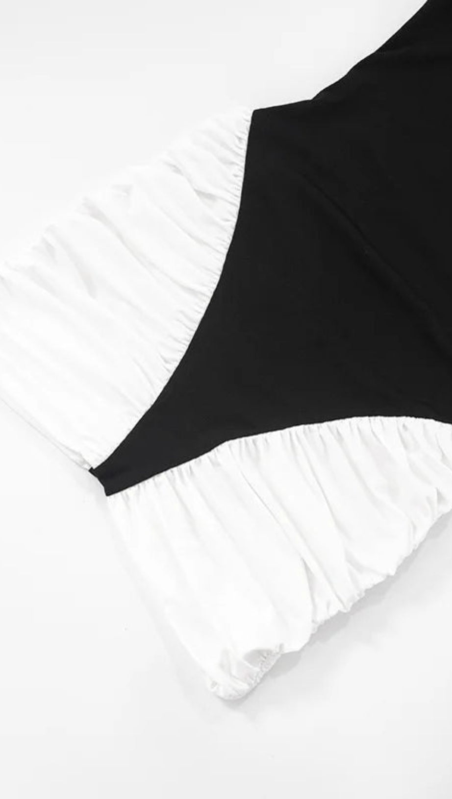 BLACK-WHITE PANEL SLEEVELESS GATHERED HALTER MINI DRESS
