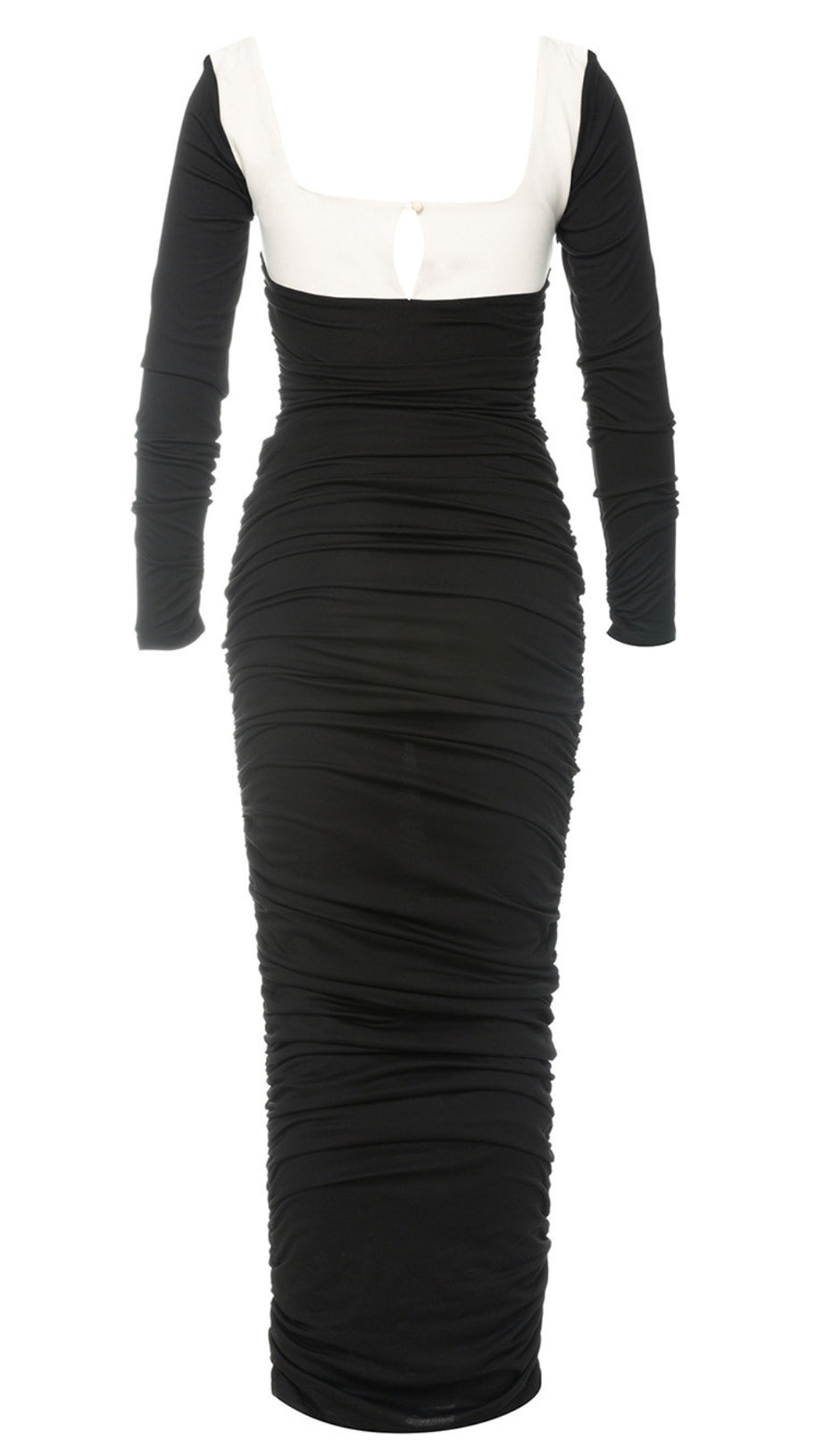 RUCHED LONG - SLEEVE MAXI DRESS IN BLACK AND WHITE