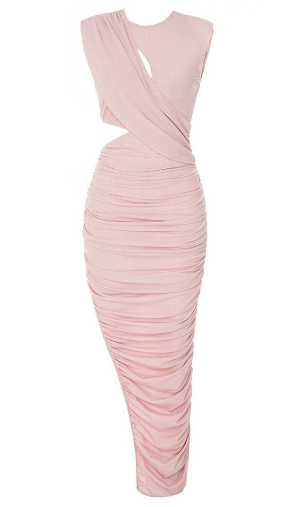 CUTOUT RUCHED MIDI DRESS IN LIGHT PINK