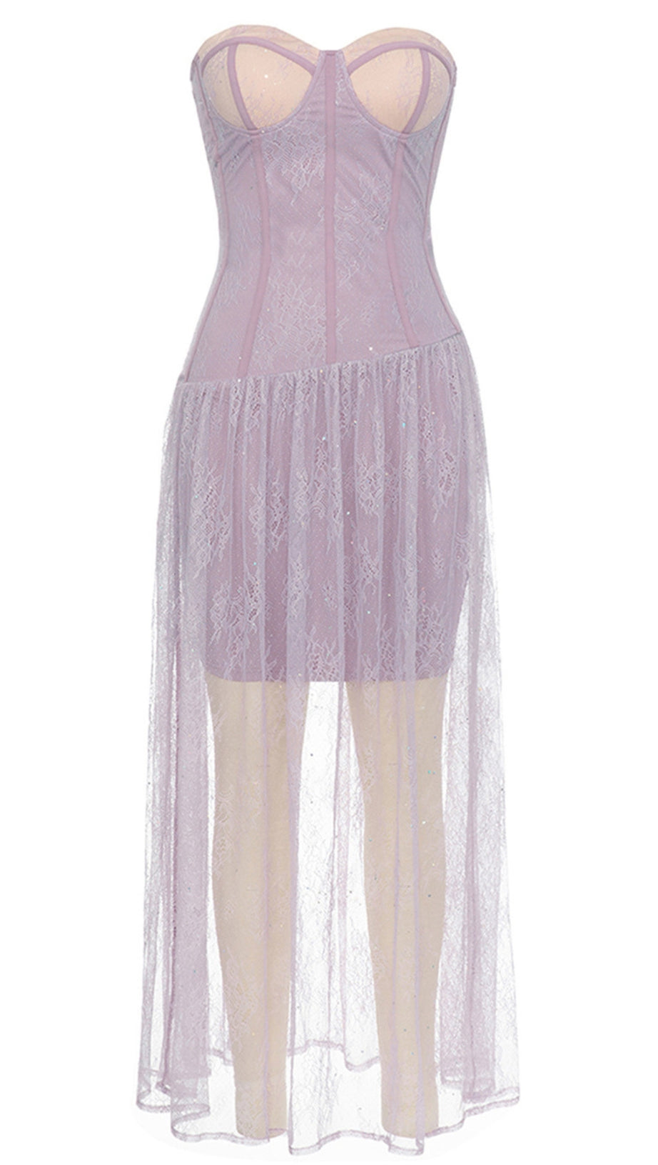 LACE STRAPLESS CORSET - STYLE MESH - OVERLAY MIDI DRESS IN LAVENDER
