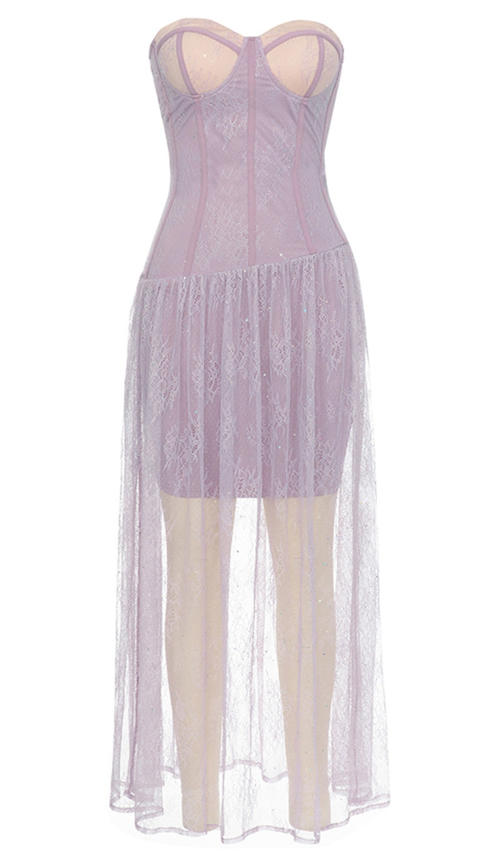 LACE STRAPLESS CORSET - STYLE MESH - OVERLAY MIDI DRESS IN LAVENDER