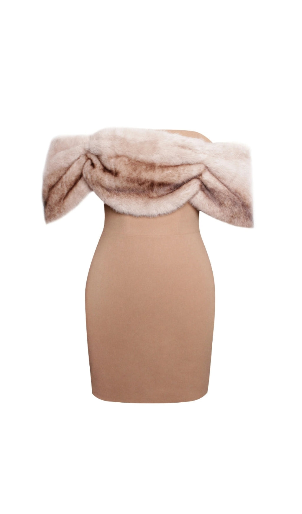TURMERIC OFF SHOULDER FUR TRIM MINI DRESS