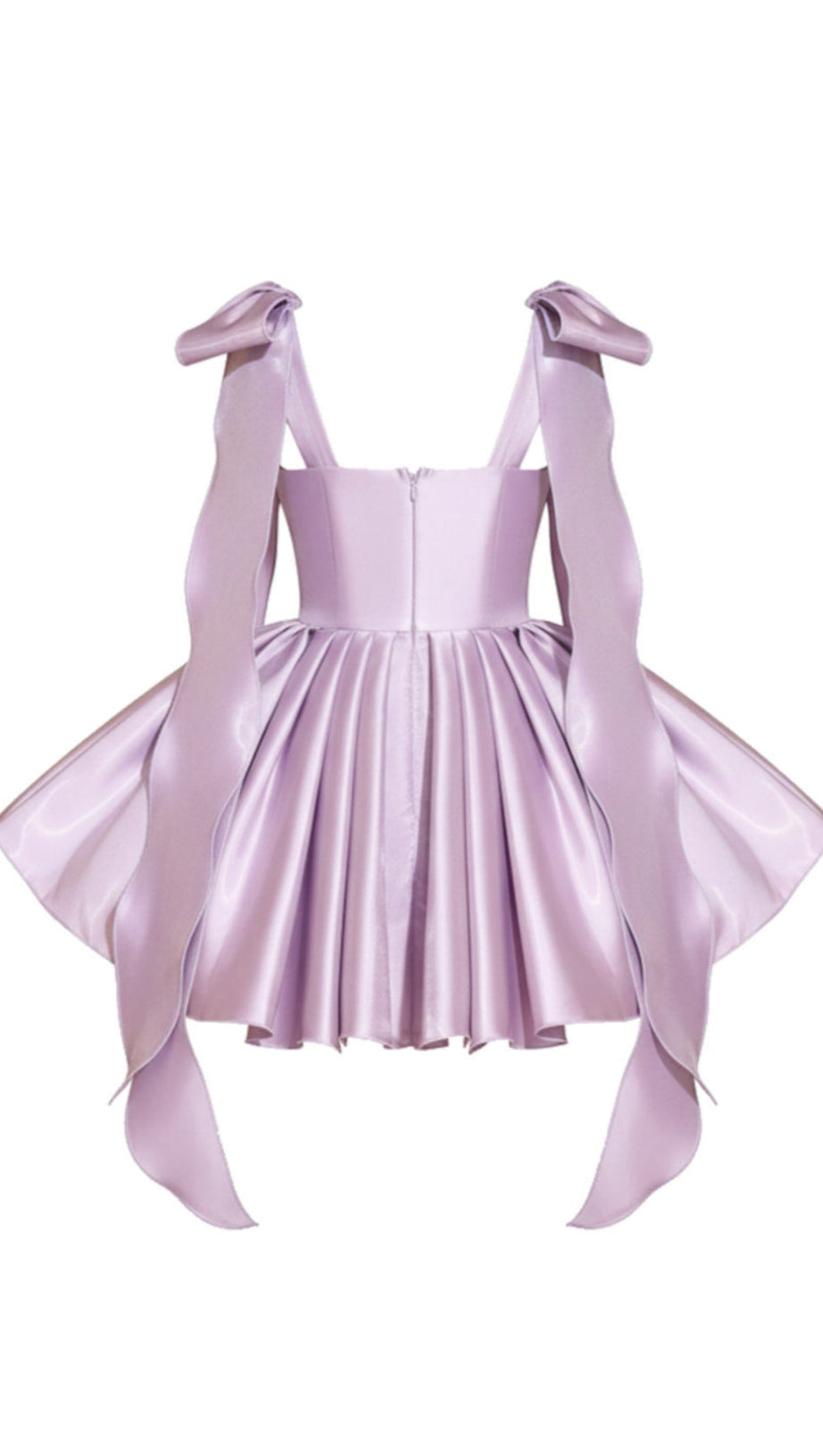 LAVENDER SATIN MINI DRESS WITH BOW SHOULDER STRAPS