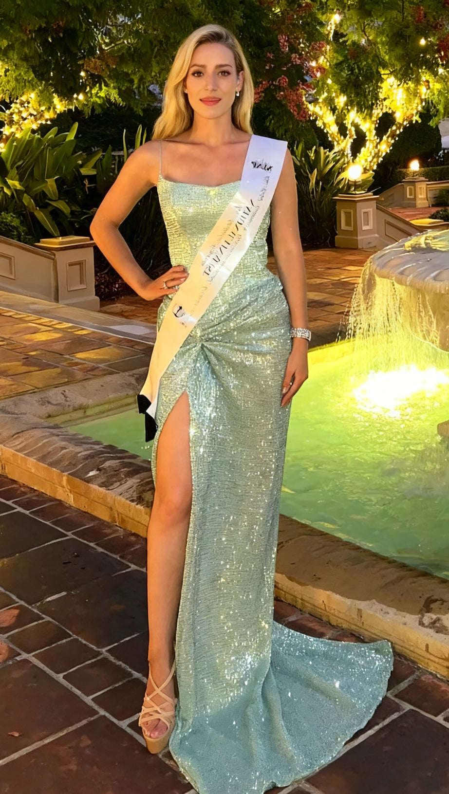 SLIP SEQUIN DRAPED SLIT MAXI DRESS