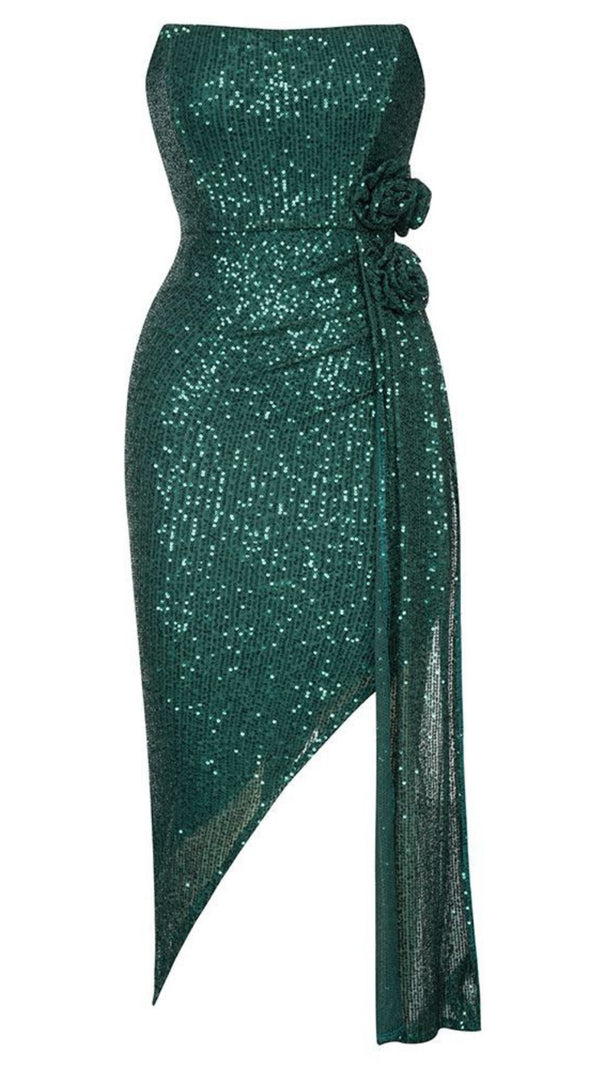 AIIZIE SEQUIN FLOWER - EMBELLISHED ASYMMETRIC DRESS IN EMERALD GREEN - product image