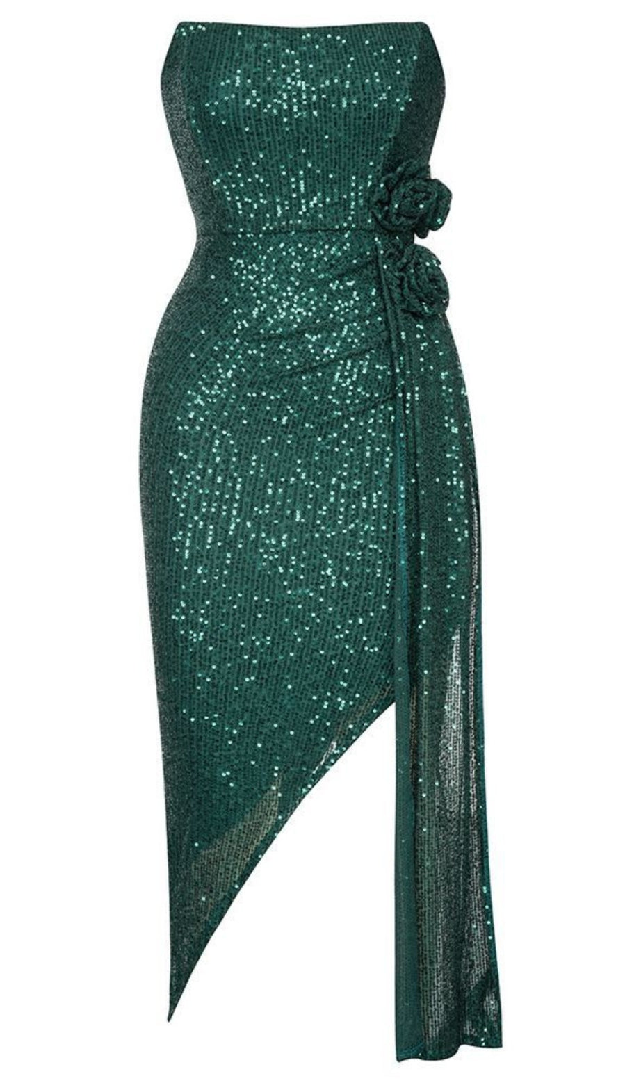 Paillettenblume – Verziertes asymmetrisches Kleid in Smaragdgrün