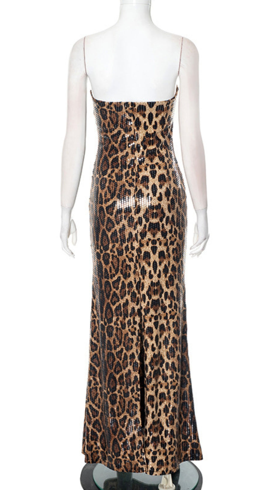 LEOPARD PRINT STRAPLESS SEQUIN MAXI DRESS