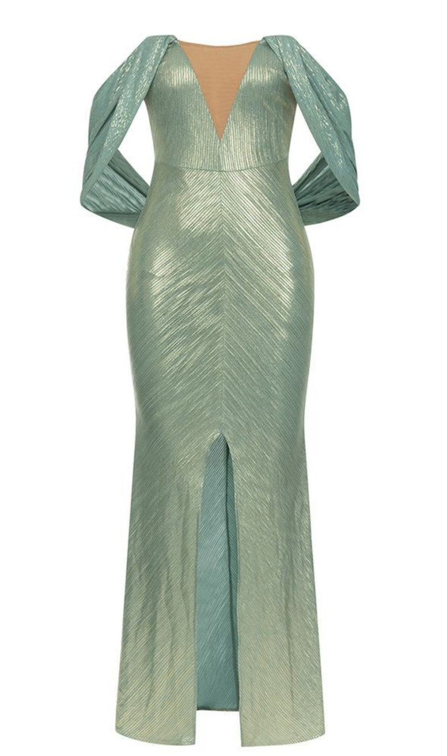 Metallic V - Neck Slit Maxi Dress in Teal