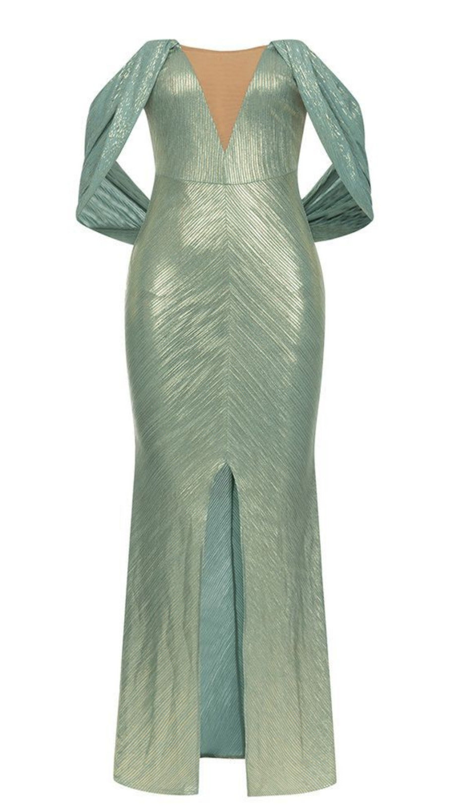 METALLIC V - NECK SLIT MAXI DRESS IN TEAL