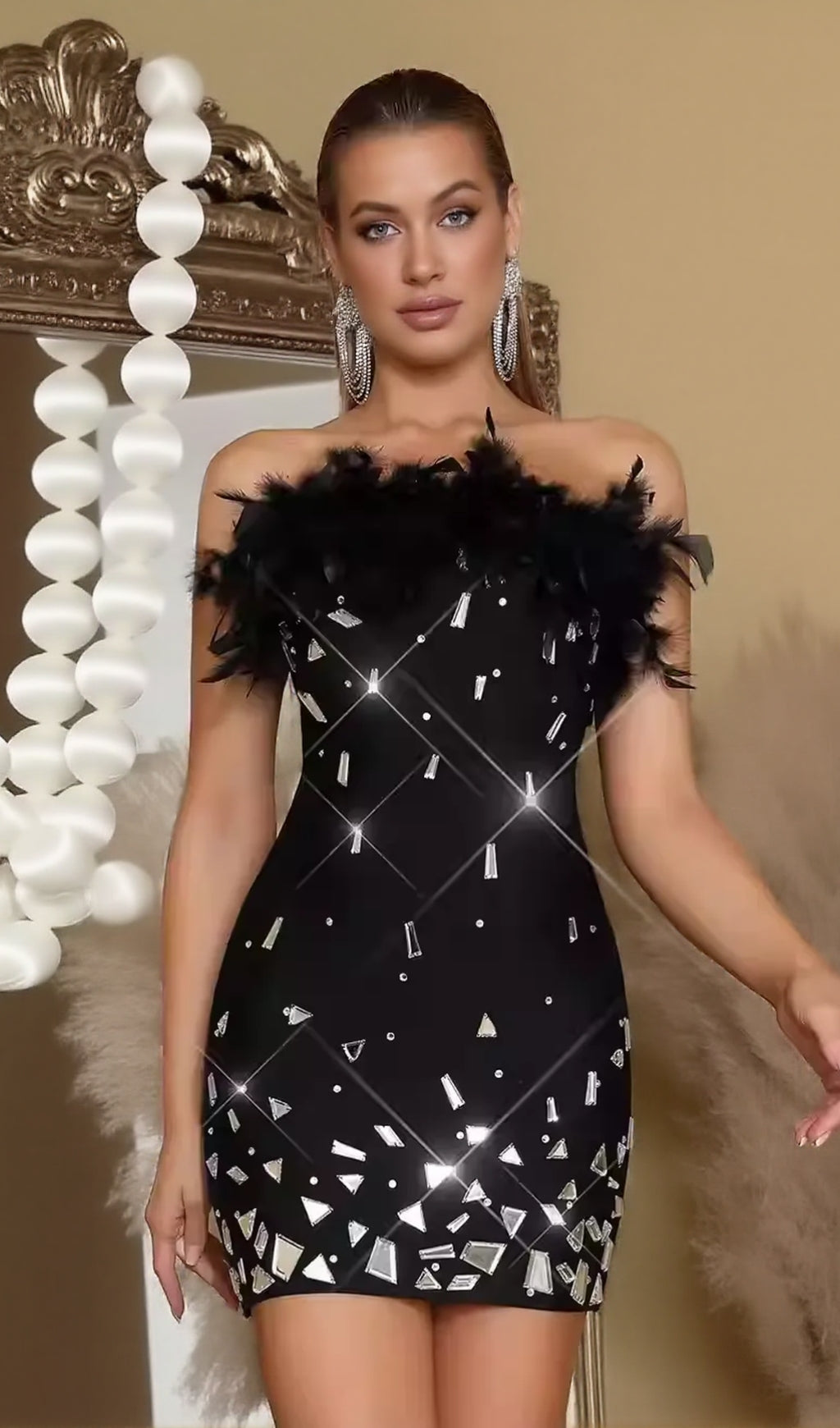 AIIZIE SEQUIN STRAPLESS FEATHER MINI DRESS IN BLACK - product image