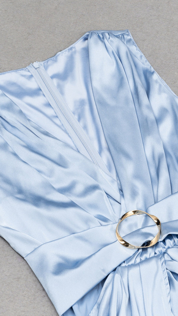 AIIZIE SATIN RUCHED BELTED MIDI DRESS IN LIGHT BLUE - product image