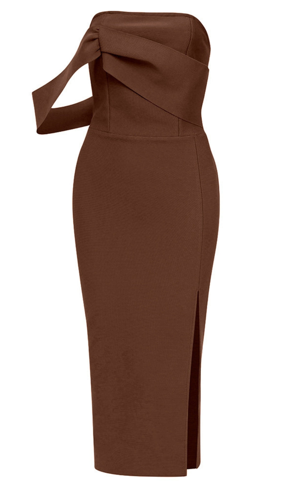 Kaffeebraunes, trägerloses MIDI-Kleid mit Seitenschlitz