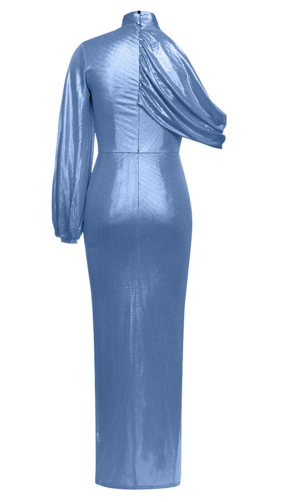 METALLIC DRAPED SLIT MIDI DRESS IN LIGHT BLUE