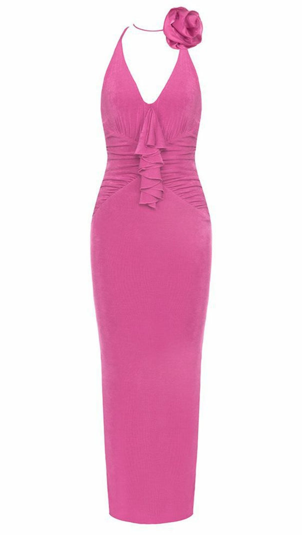 AIIZIE HALTER NECK FLOWER - ACCENT RUFFLED MIDI DRESS IN PINK - product image