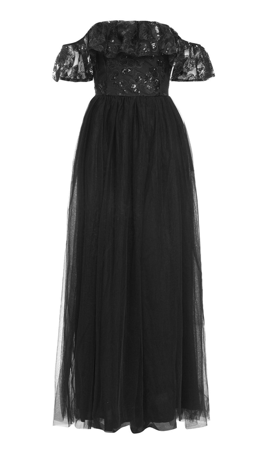 Abito lungo in tulle con spalle scoperte e top in pizzo nero
