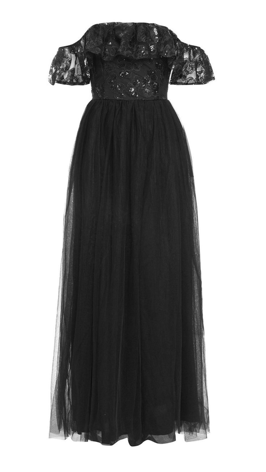 OFF - SHOULDER LACE - TOP TULLE MAXI DRESS IN BLACK