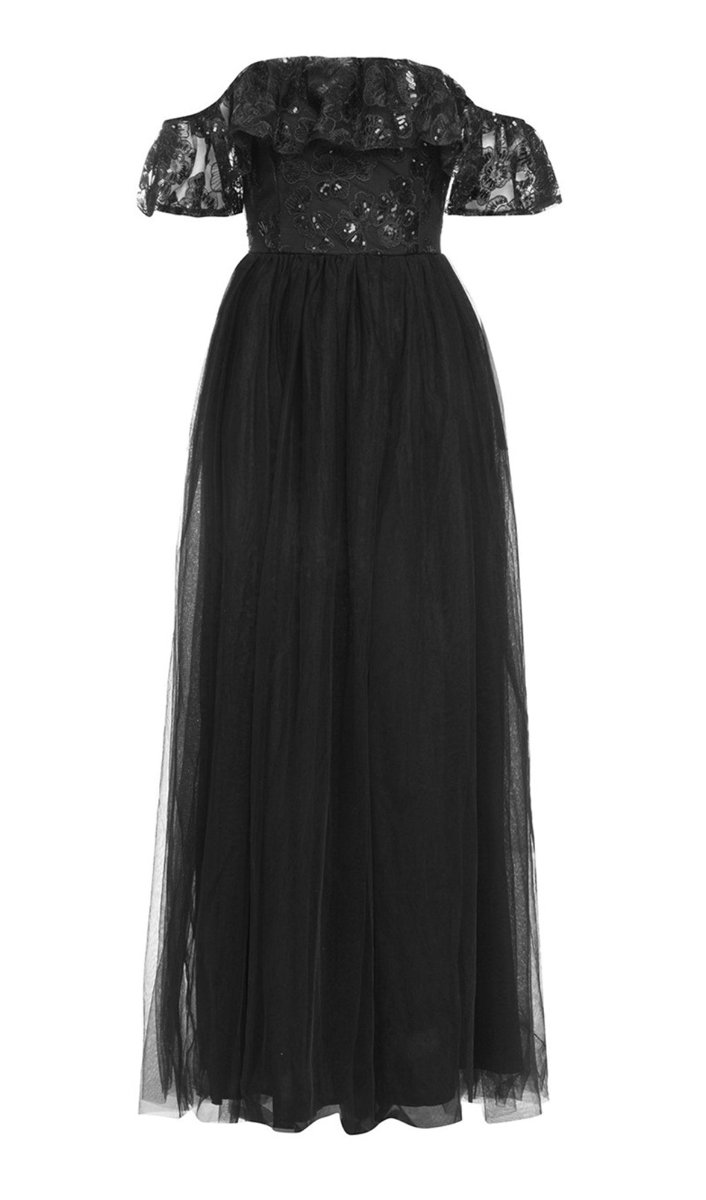 OFF - SHOULDER LACE - TOP TULLE MAXI DRESS IN BLACK