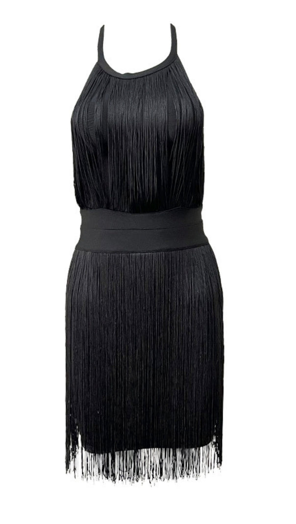 AIIZIE HALTER NECK FRINGE TRIM BANDAGE MINI DRESS IN BLACK - product image