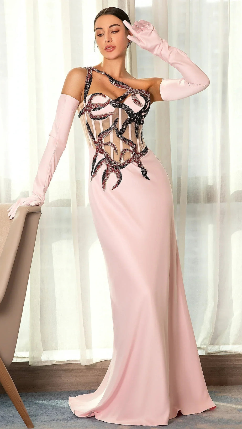 BABIS EMBROIDERED CORSET MERMAID EVENING DRESS WITH GLOVES