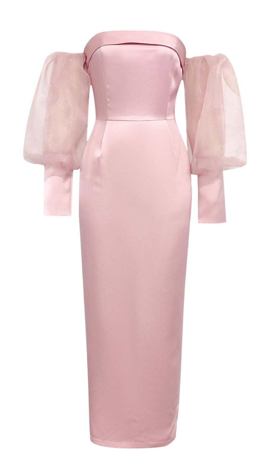 Off - Shoulder Organza - Sleeve Satin Midi Dress in Pink