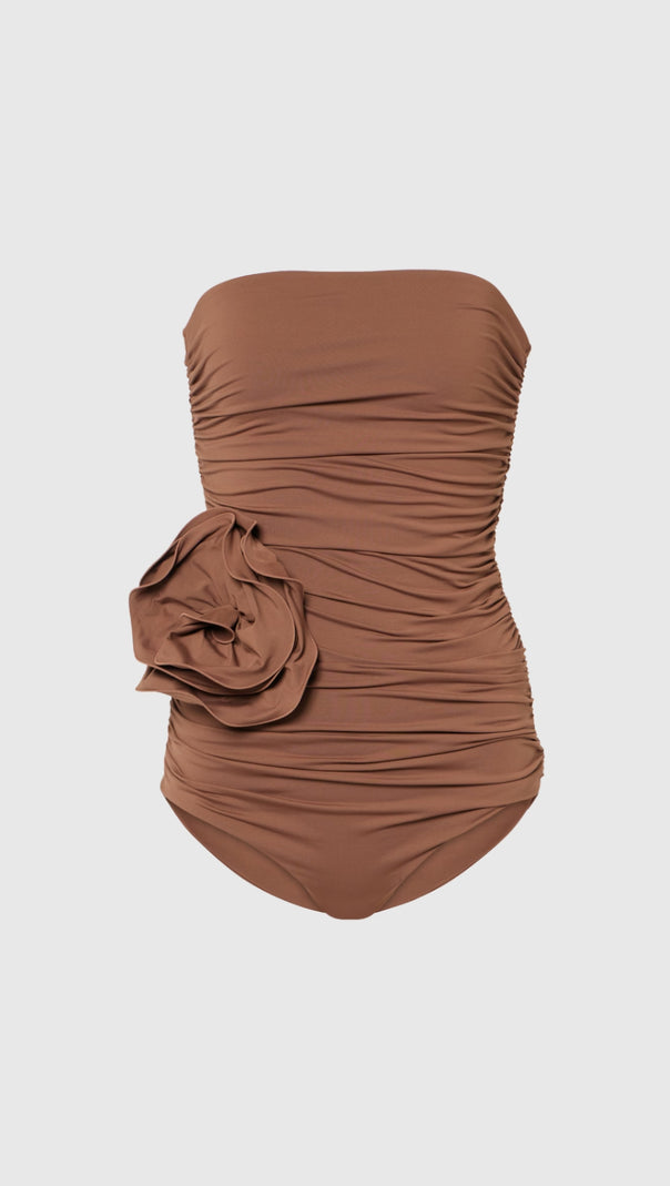 AIIZIE NANCY RUCHED FLOWER ONE PIECE SWIMSUIT IN MOCHA MOUSSE - product image