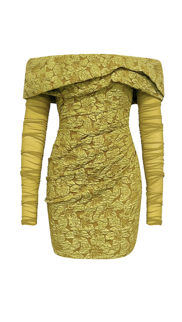 AIIZIE FLORAL JACQUARD OFF - SHOULDER RUCHED MINI DRESS IN GREEN - product image