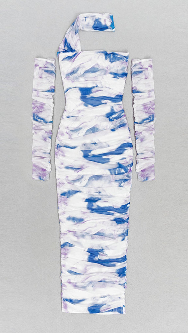 AIIZIE TIE - DYE ONE - SHOULDER RUCHED MIDI DRESS IN BEIGE AND BLUE - product image