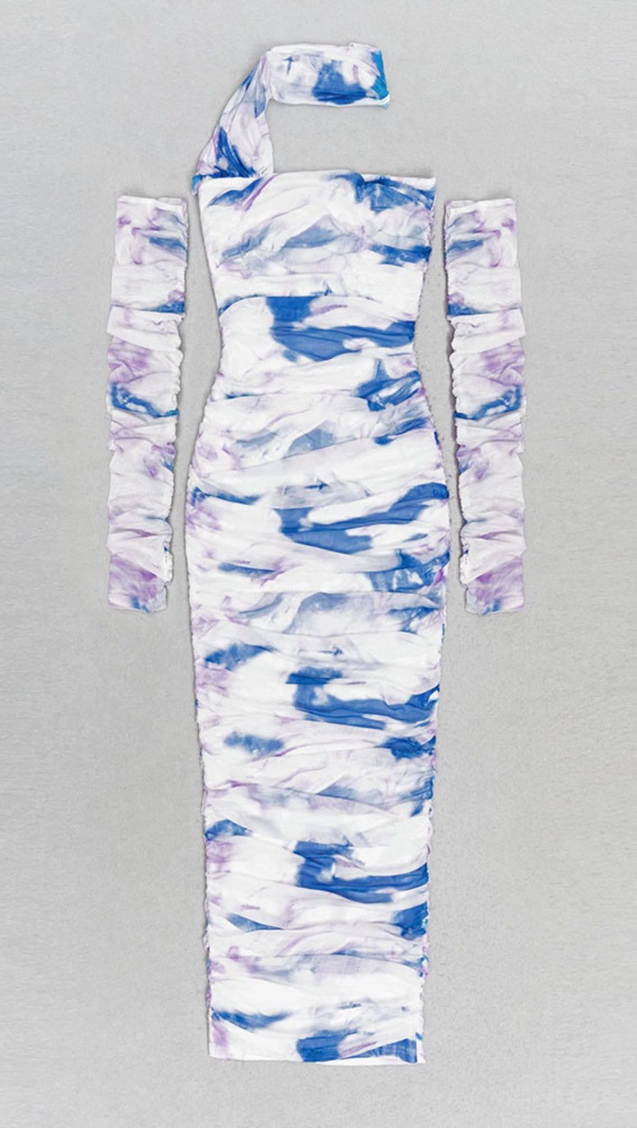 Tie-Dye One-Shoulder-Midikleid mit Rüschen in Beige und Blau