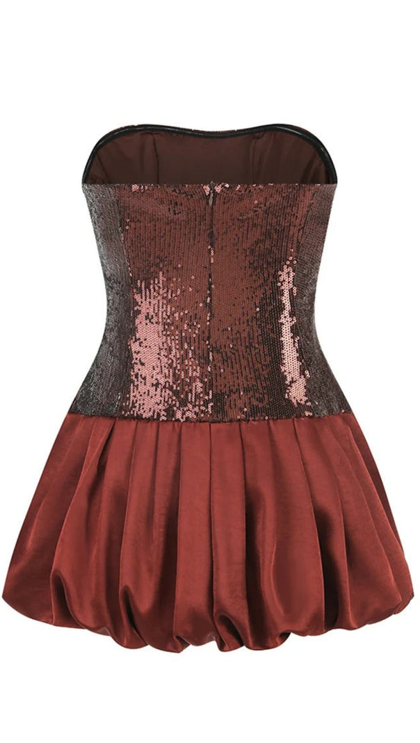 AIIZIE STRAPLESS SEQUIN BUBBLE MINI DRESS IN BROWN - product image