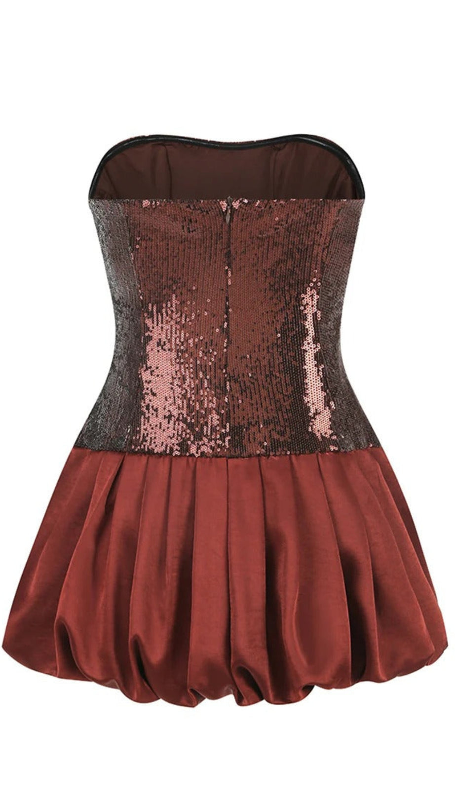 STRAPLESS SEQUIN BUBBLE MINI DRESS IN BROWN