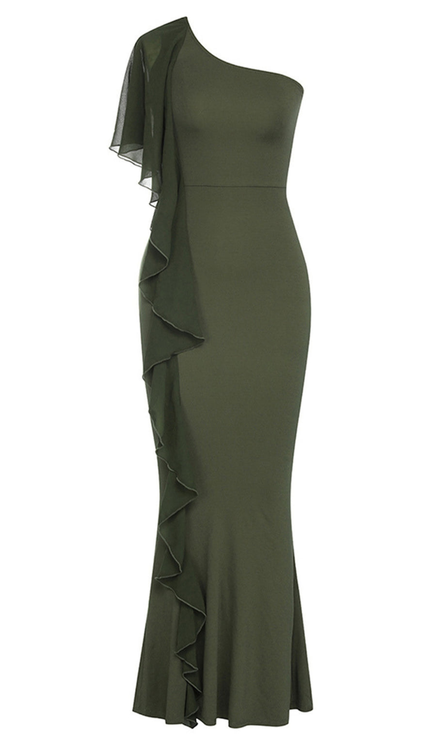 Einschultriges Meerjungfrau-Maxikleid mit Rüschen in Dunkelgrün