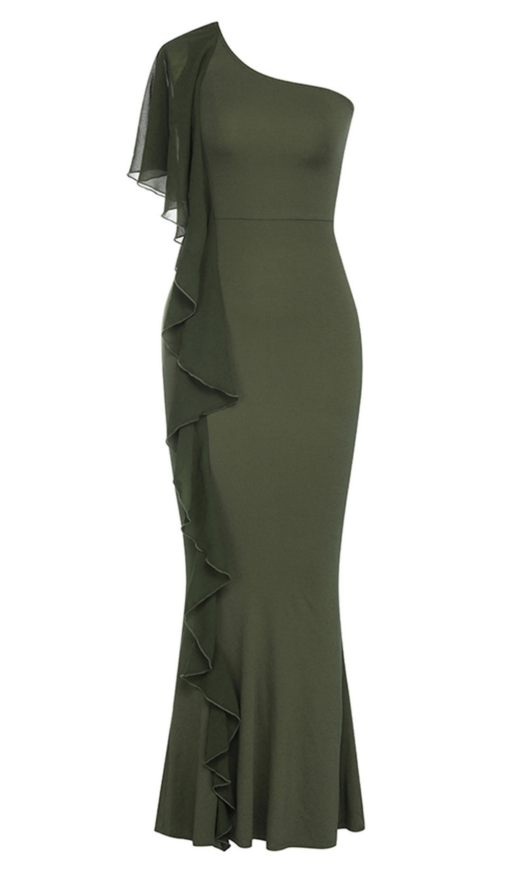ONE - SHOULDER RUFFLED MERMAID MAXI DRESS IN DARK GREEN