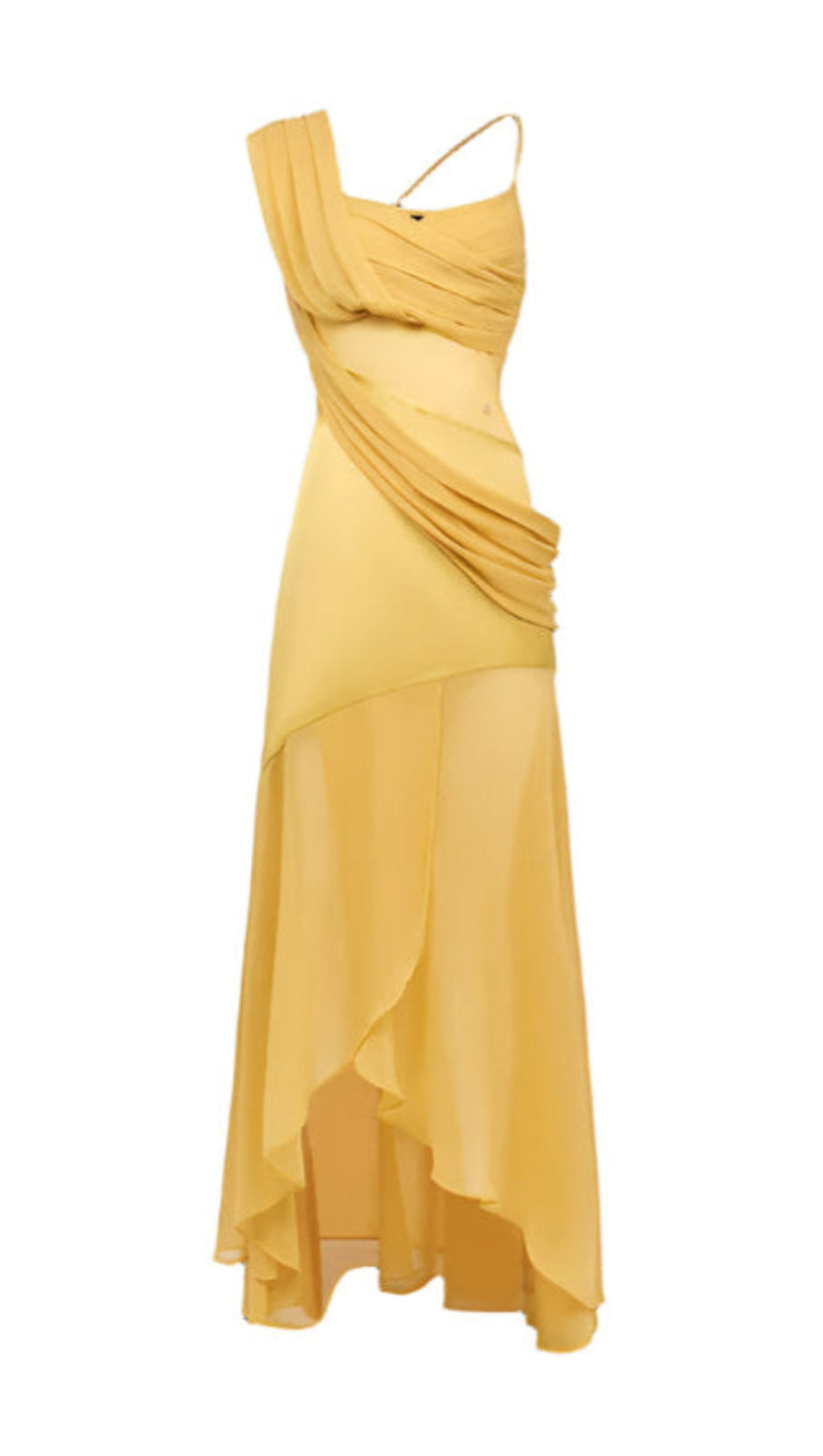 Victoria – Rückenfreies Maxikleid mit unregelmäßigem Saum in Gelb