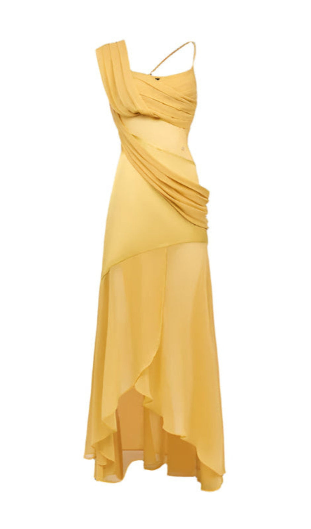 Victoria – Rückenfreies Maxikleid mit unregelmäßigem Saum in Gelb