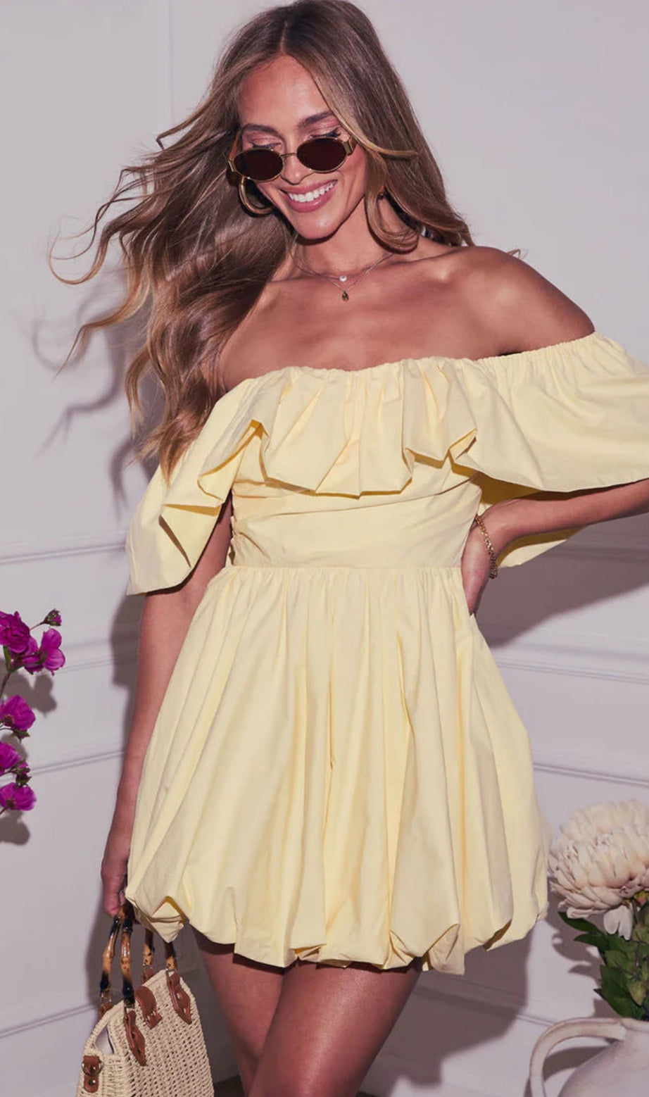 Ruffle Off-Shoulder puffy Mini Dress in yellow