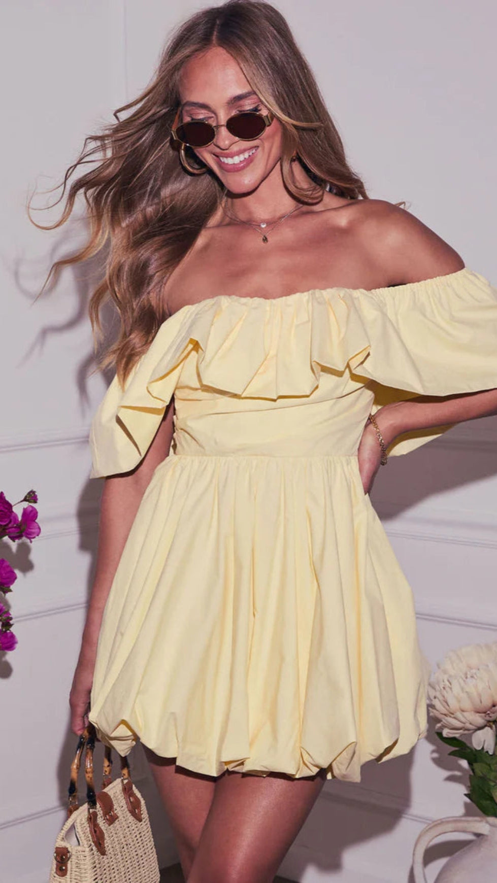 AIIZIE RUFFLE OFF-SHOULDER PUFFY MINI DRESS IN YELLOW - product image