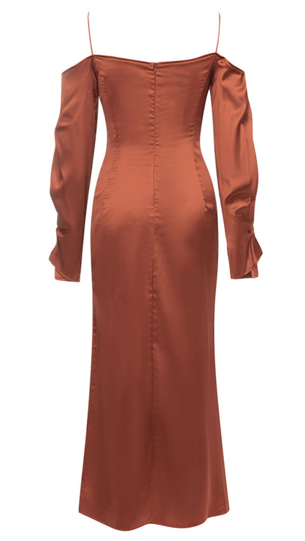 AIIZIE SPAGHETTI - STRAP OFF - SHOULDER SATIN MIDI DRESS IN BROWN - product image