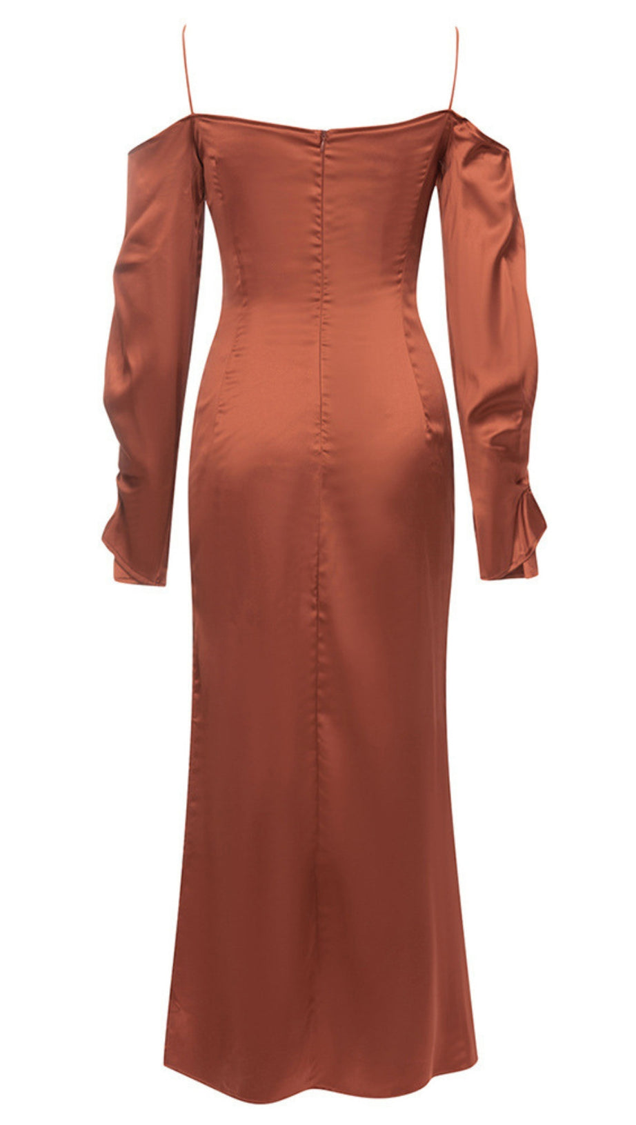 SPAGHETTI - STRAP OFF - SHOULDER SATIN MIDI DRESS IN BROWN