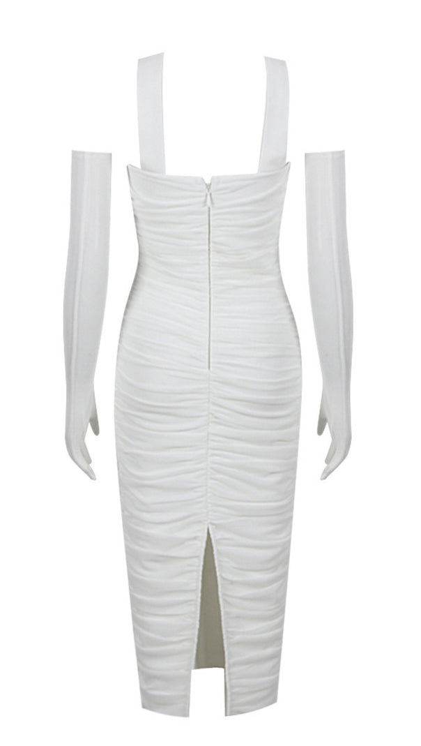 AIIZIE RHINESTONE - ACCENT RUCHED STRAPLESS MIDI DRESS WITH GLOVES IN WHITE - product image