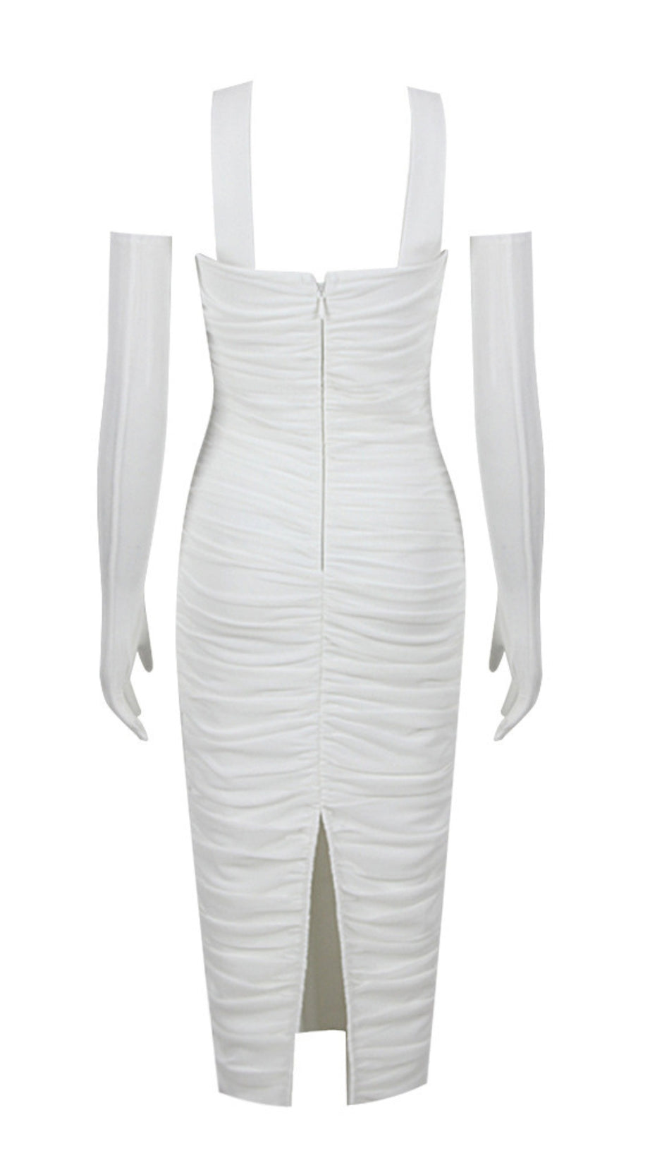 RHINESTONE - ACCENT RUCHED STRAPLESS MIDI DRESS WITH GLOVES IN WHITE