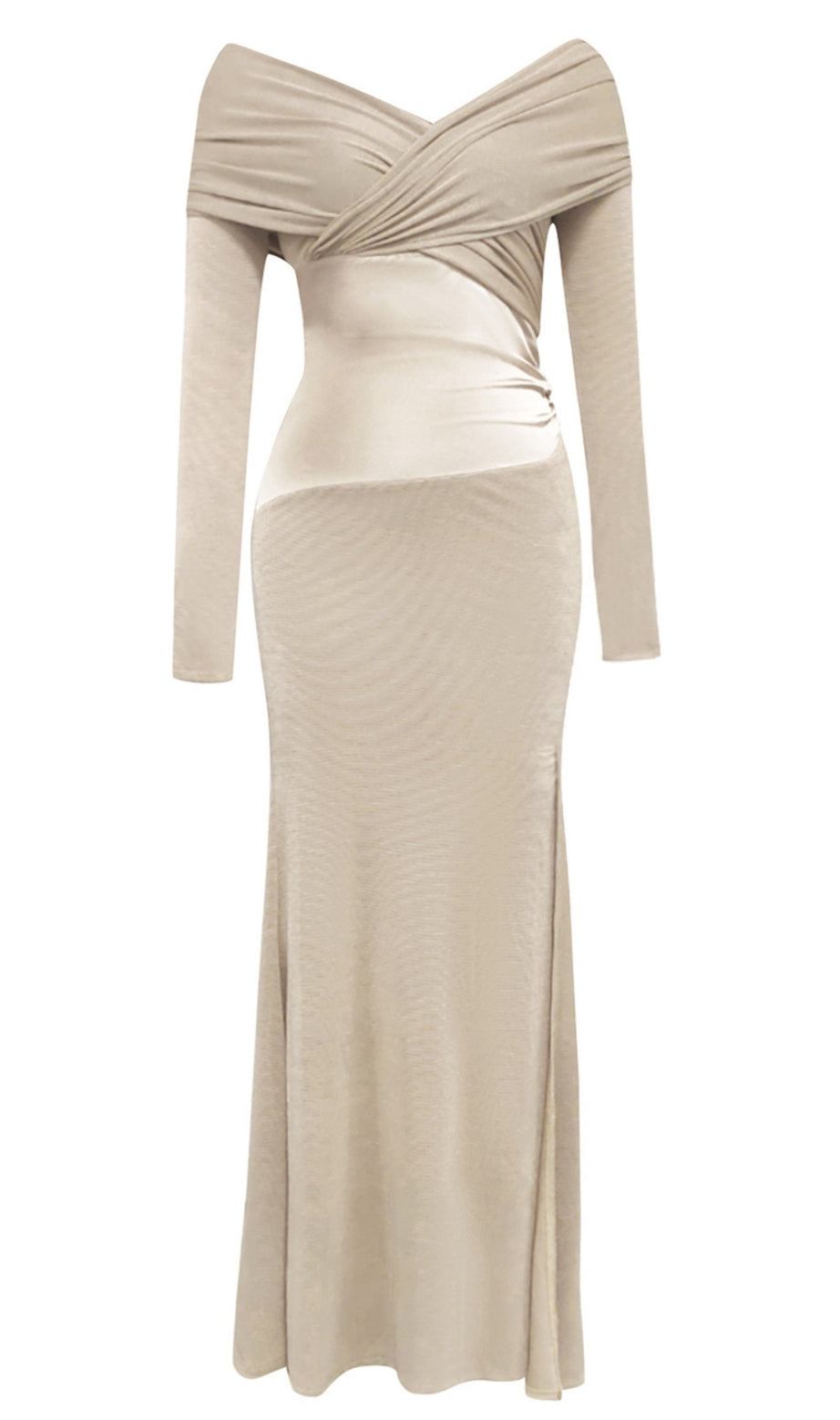 Schulterfreies, gerüschtes Midi-Wickelkleid in Nude