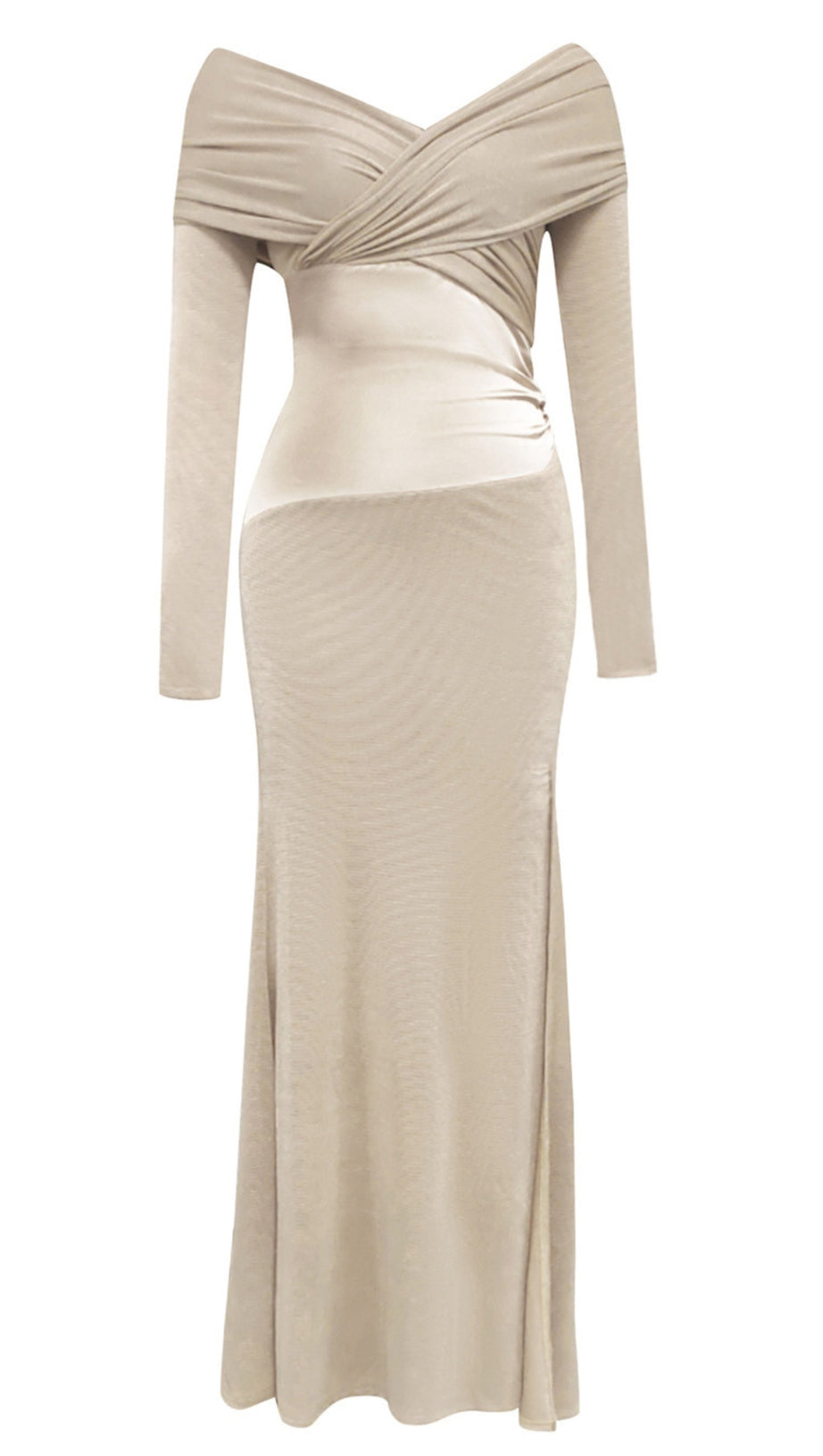 OFF - SHOULDER RUCHED WRAP MIDI DRESS IN NUDE