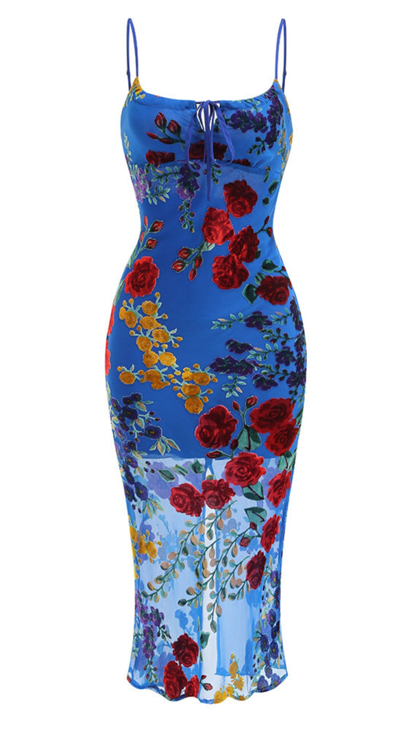 AIIZIE BLUE FLORAL SHEER - PANELED MIDI DRESS - product image