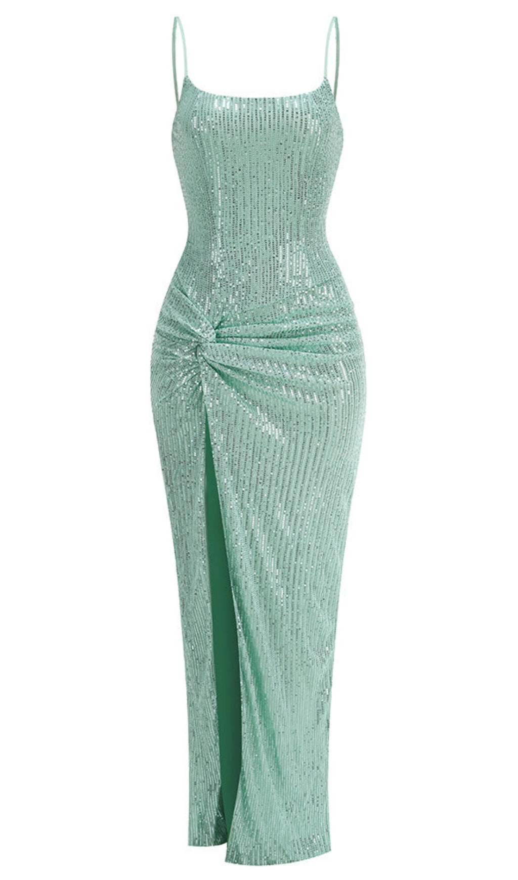 SLIP SEQUIN DRAPED SLIT MAXI DRESS