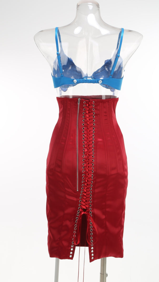 AIIZIE BLUE LACE BRALETTE AND RED SATIN PENCIL SKIRT SET - product image