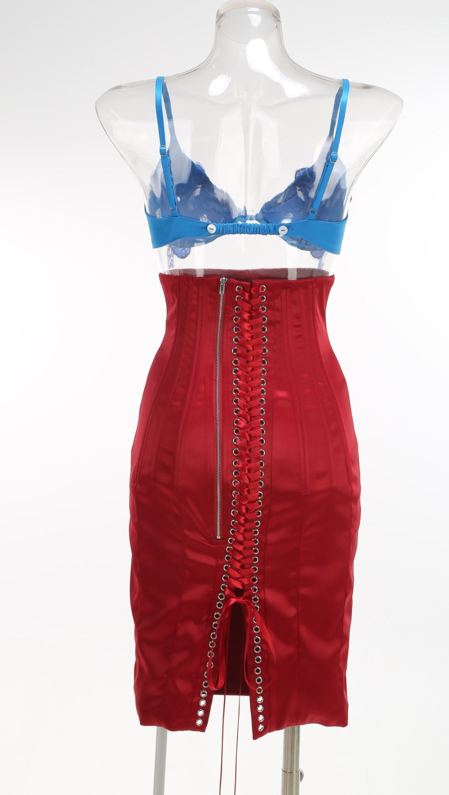 BLUE LACE BRALETTE AND RED SATIN PENCIL SKIRT SET